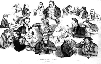 Smagsspørgsmål nr. 4 med hensyn til snusning, tryk udført af W und J O Clerk, ca. 1835-40 af English School